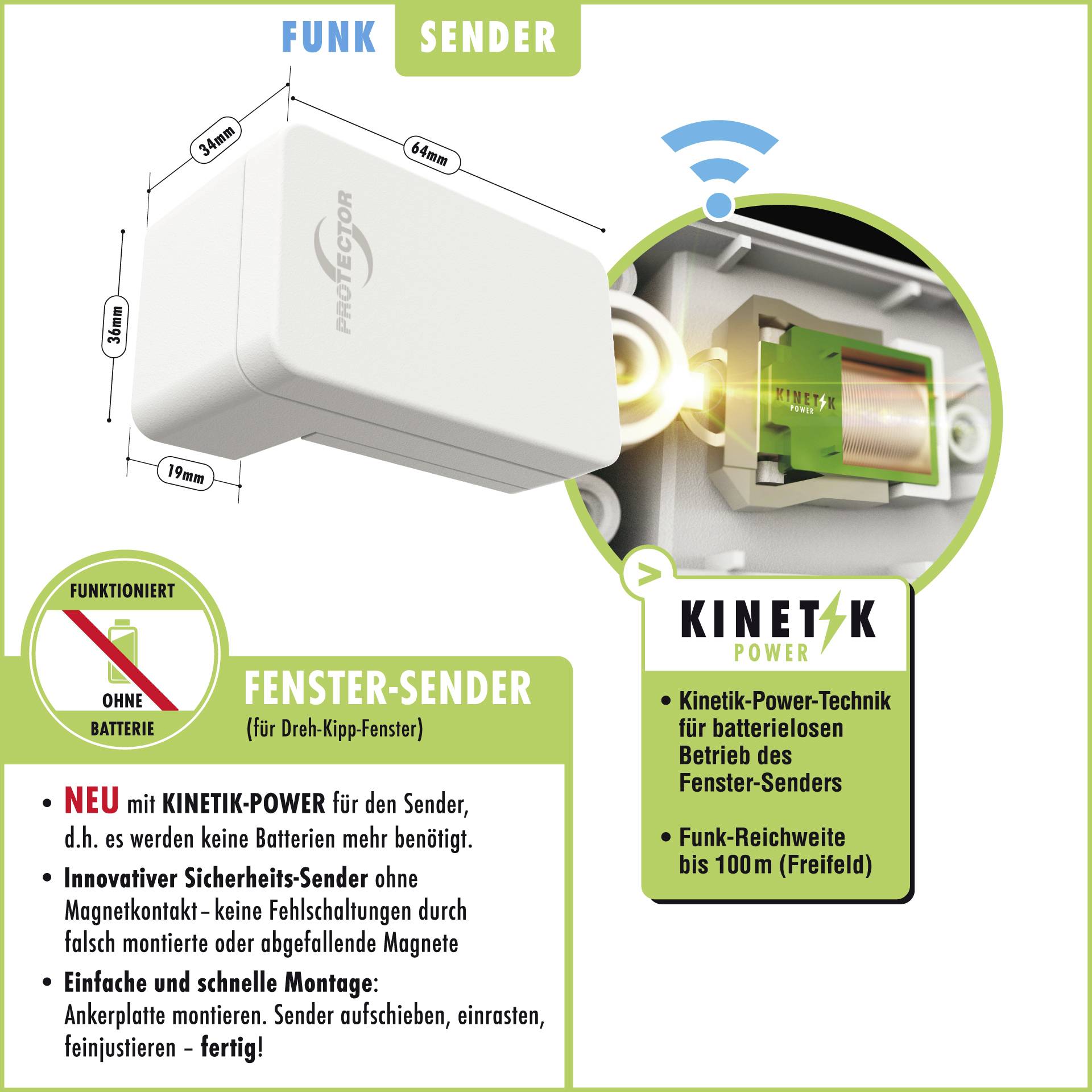 Émetteur de fenêtre sans fil sans batterie, utilisant la technologie de puissance cinétique. Installation facile, adapté aux fenêtres oscillo-battantes. Portée jusqu'à 100 m.