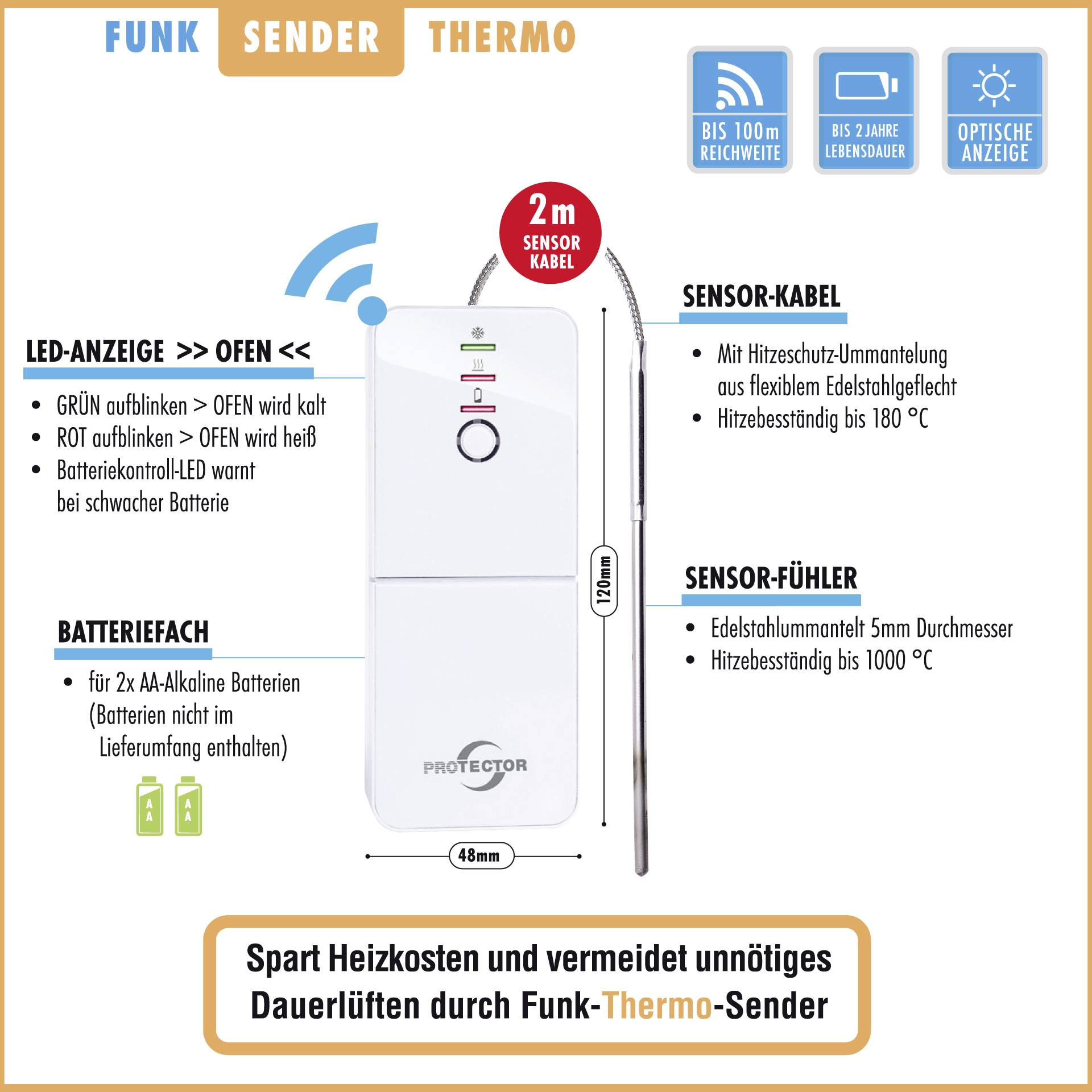 'Émetteur Thermo Radio', un appareil de mesure de température. Caractéristiques principales : affichage LED, câble capteur, compartiment à piles. Permet d'économiser les frais de chauffage.