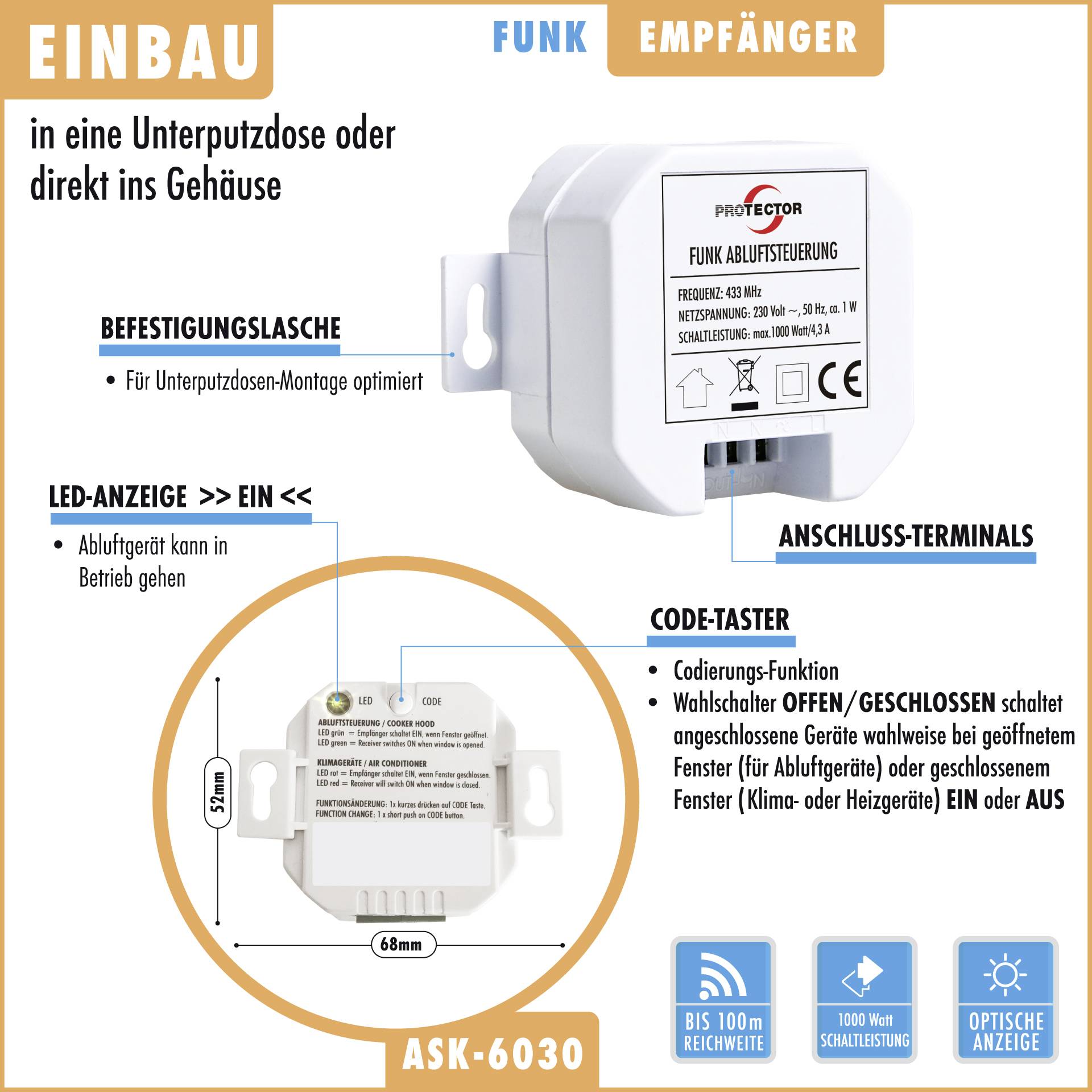 Le récepteur radio ASK-6030 est adapté à une installation encastrée. Il présente des bornes de connexion, un voyant LED et un bouton de programmation de code.