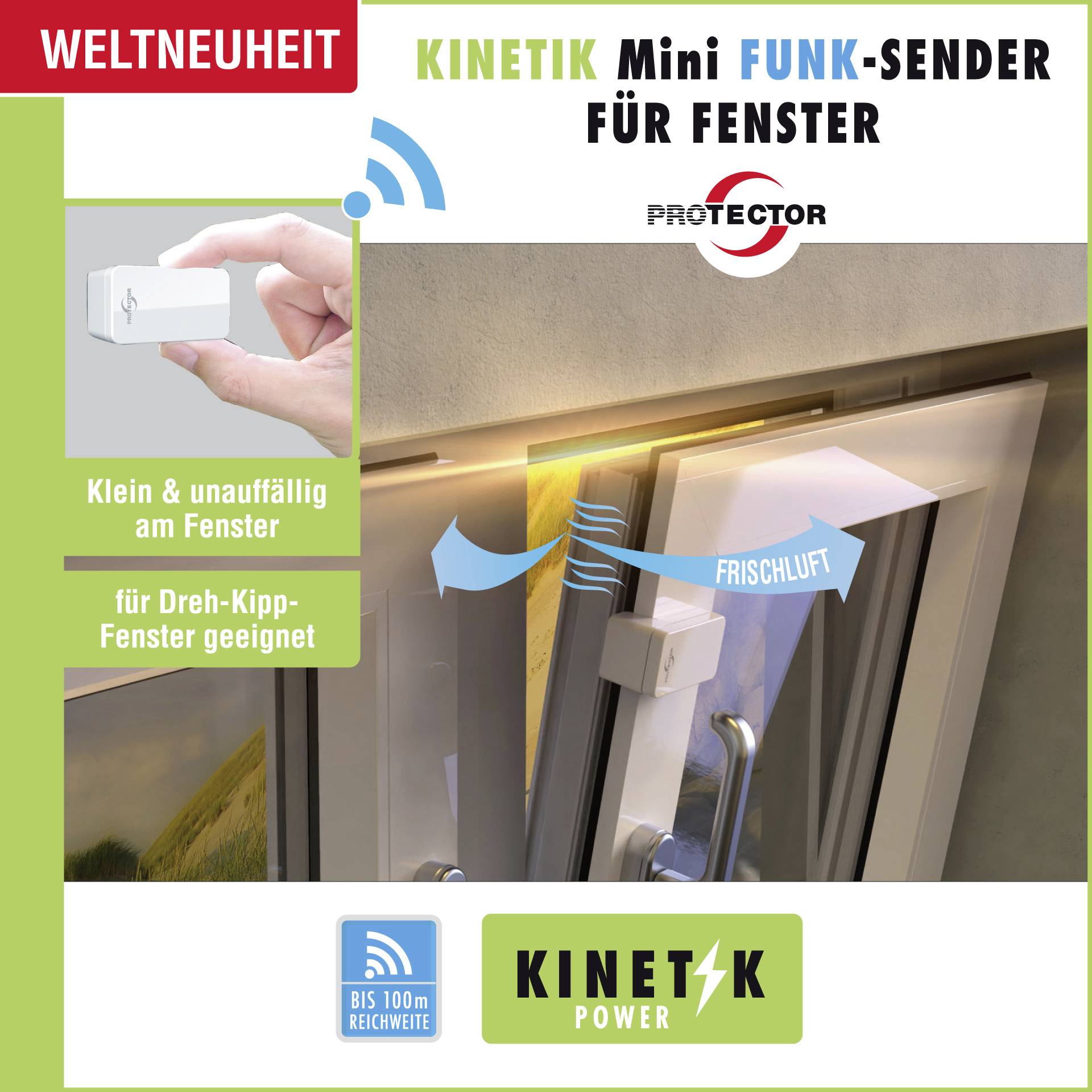 'KINETIK Mini Émetteur Radio pour Fenêtres'. Petit dispositif discret, adapté aux fenêtres oscillo-battantes, portée jusqu'à 100 m.