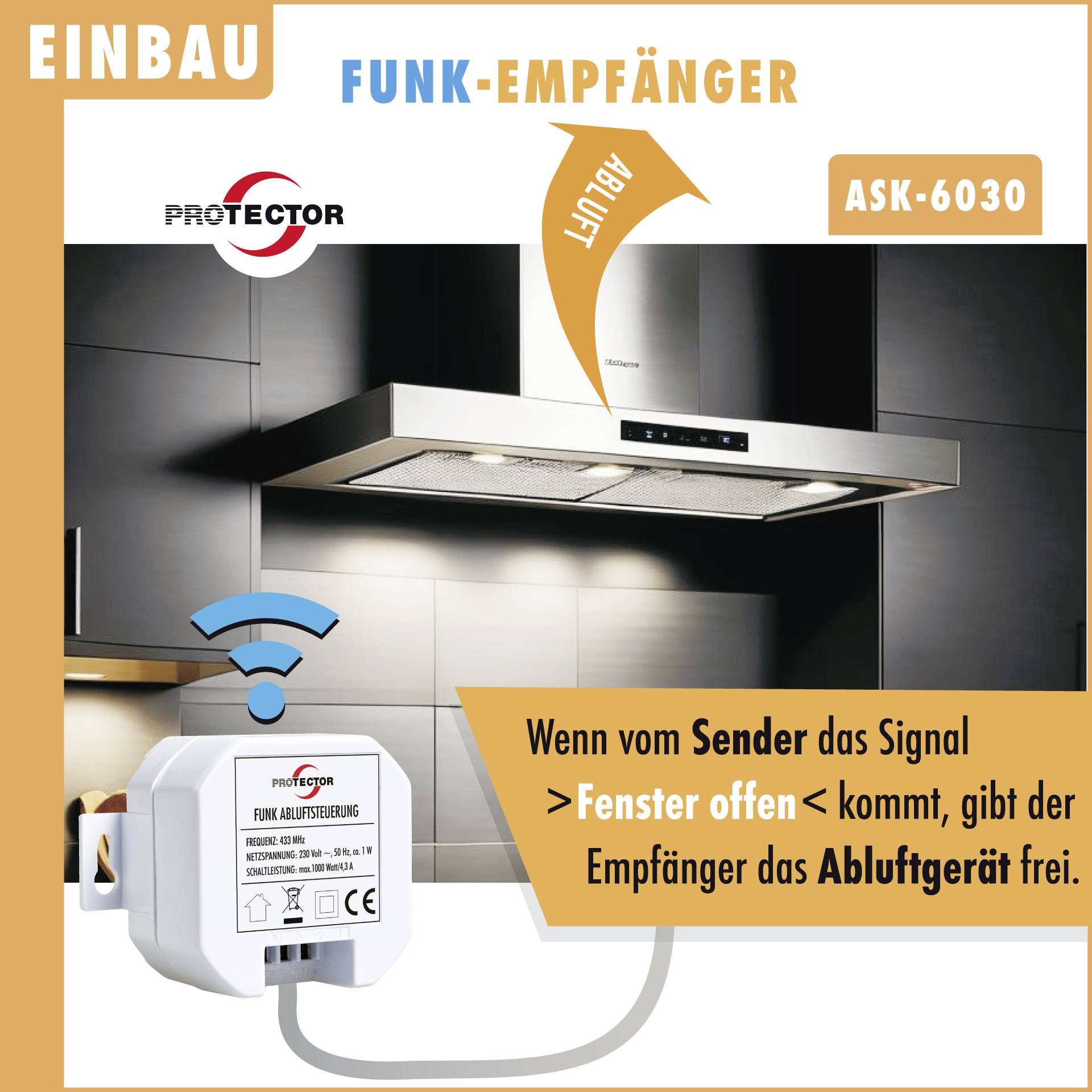 Récepteur radio active le dispositif d'extraction d'air lorsqu'un signal de fenêtre ouverte est reçu. Modèle de produit ASK-6030.