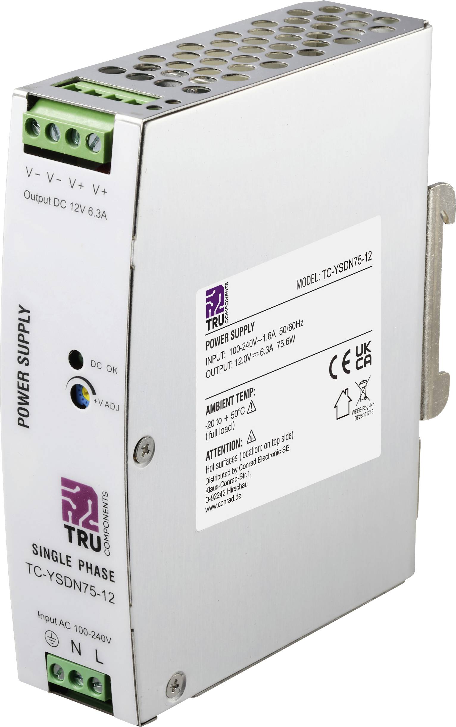 Unité d'alimentation TRU monophasée compacte avec bornes et étiquettes, montrant une sortie 12V DC, boîtier métallique monté et blocs de connexion verts.