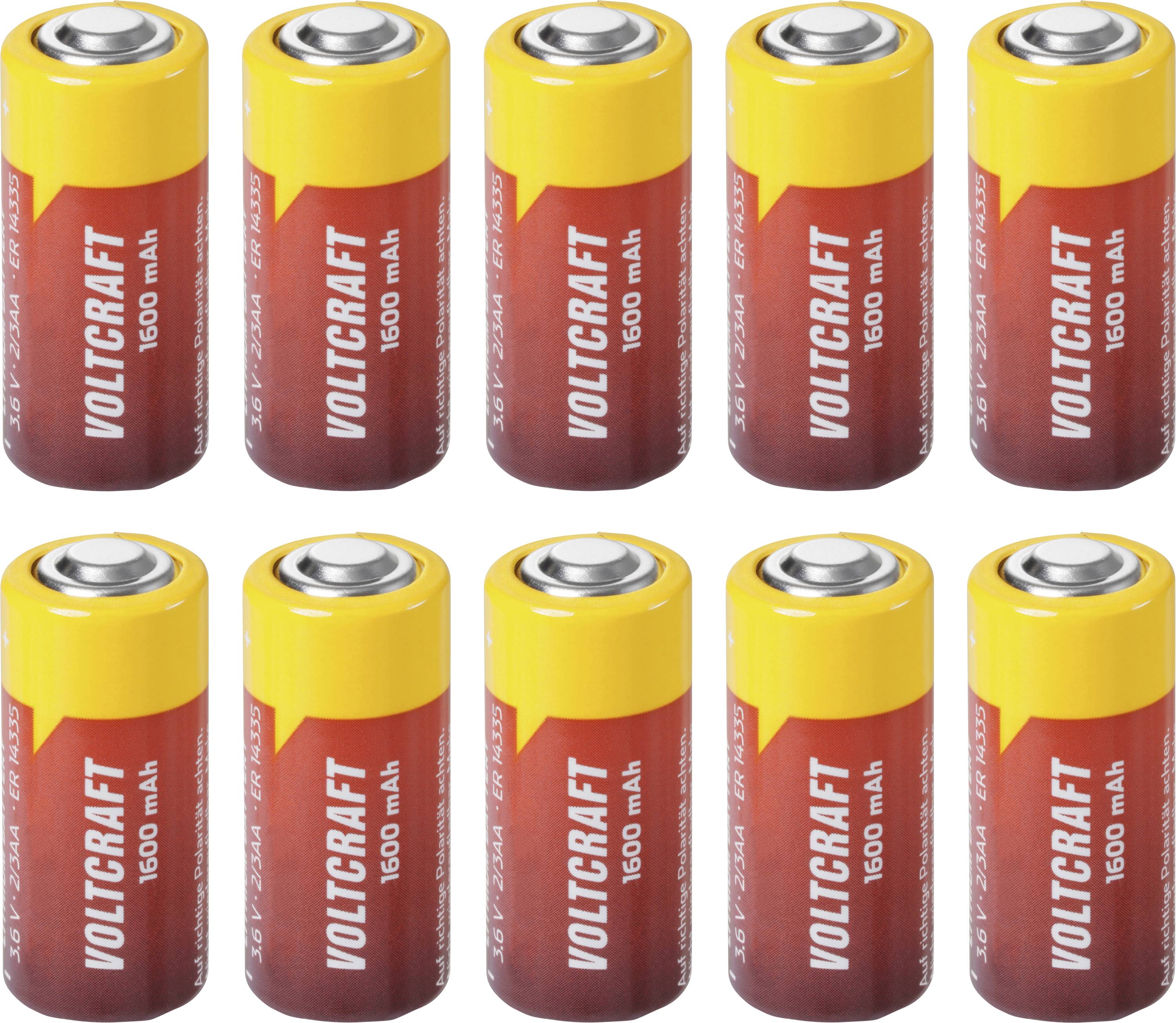 Dix batteries Voltcraft 1600 mAh disposées en deux rangées de cinq sur un fond blanc.