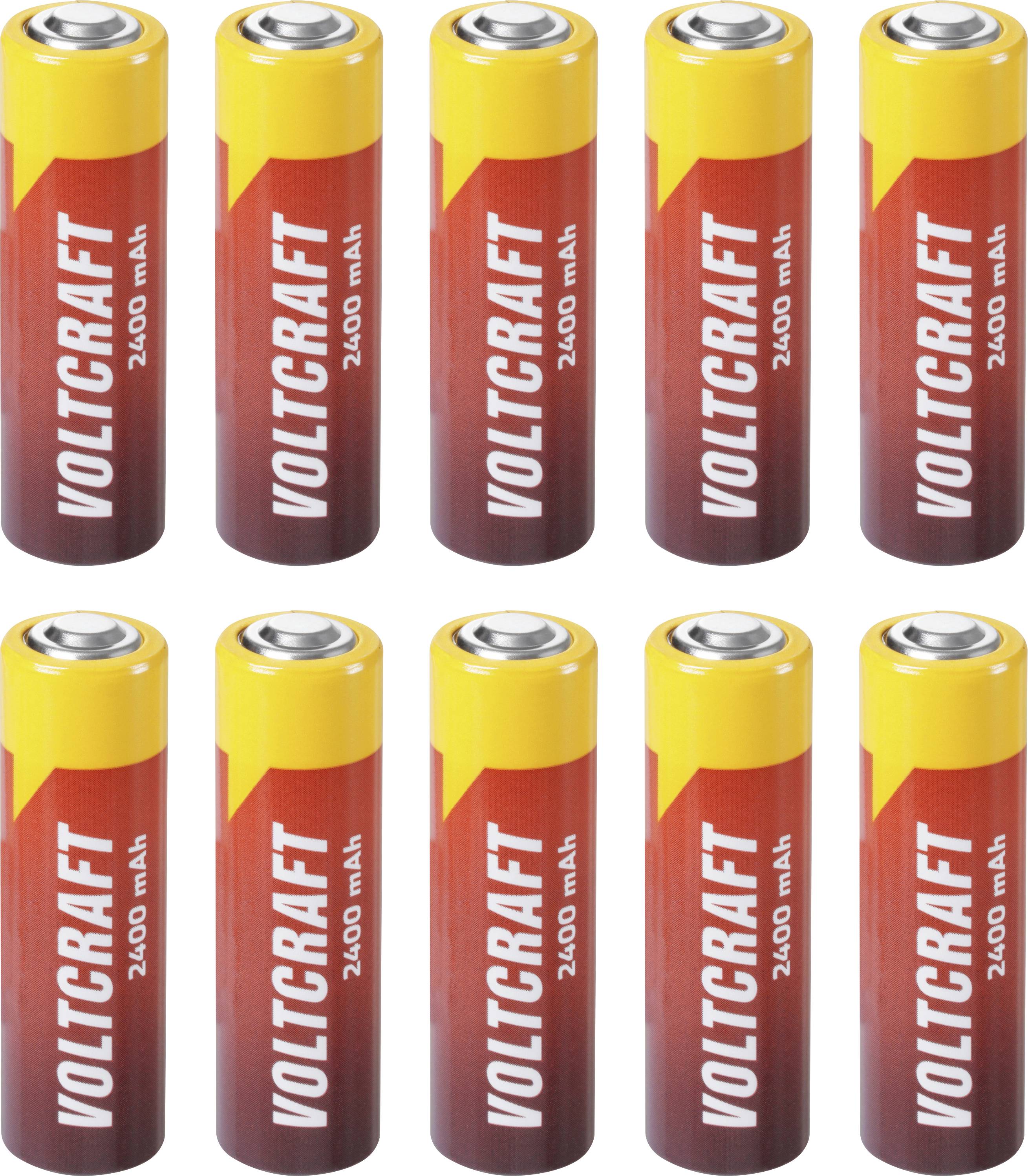 Dix batteries Voltcraft 2400 mAh AA présentées en deux rangées sur un fond blanc.