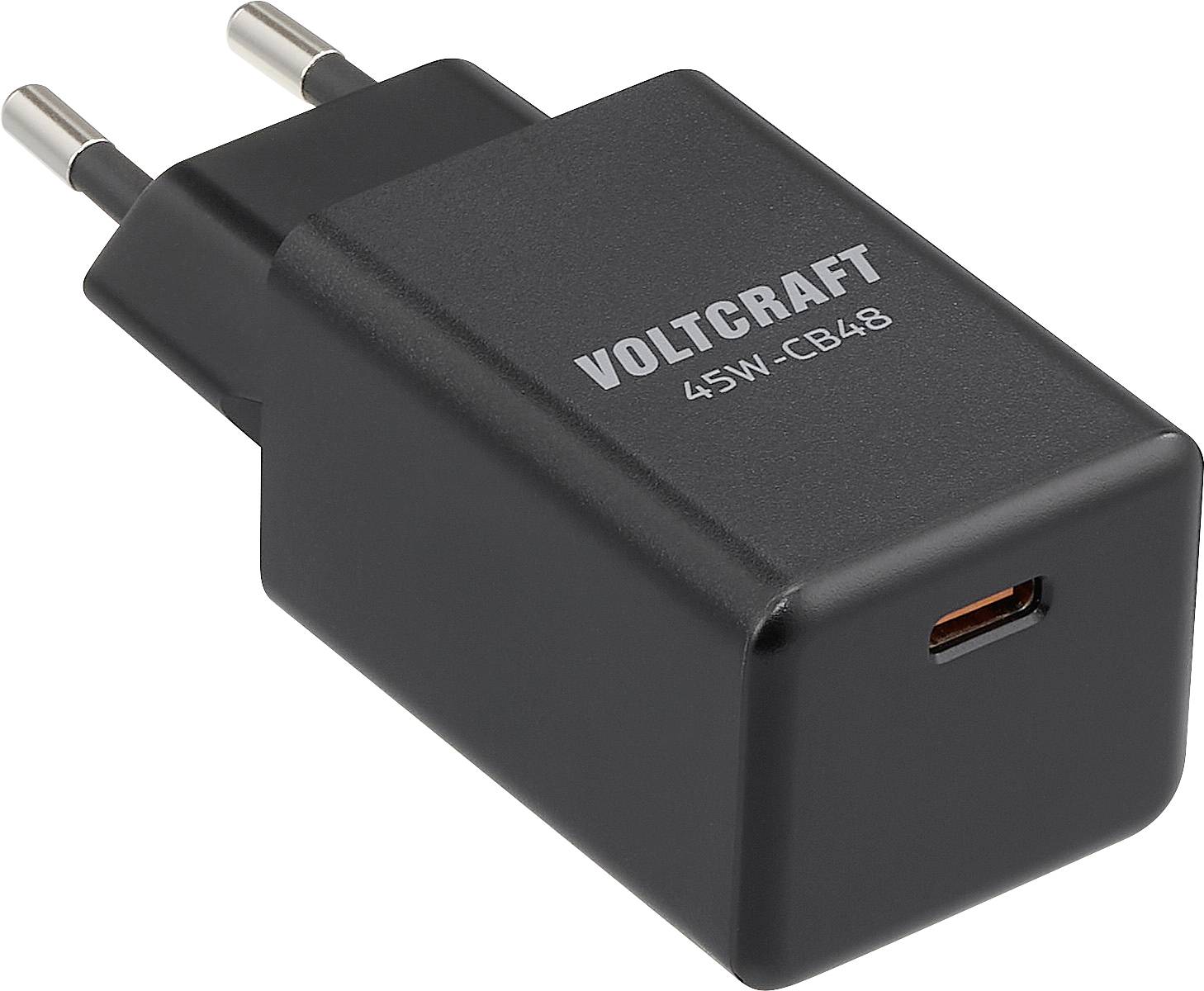 Un chargeur mural Voltcraft noir de 45W avec USB-C et deux broches européennes, adapté pour charger des appareils compatibles USB-C.
