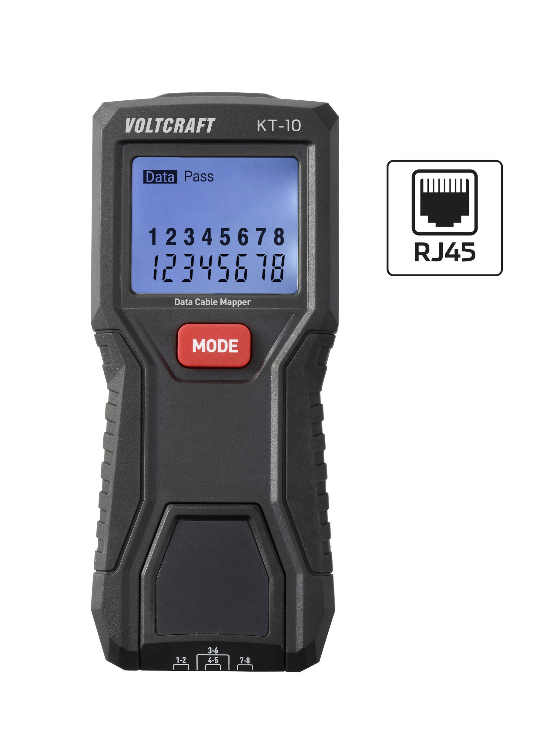 Un testeur de câbles numérique portable étiqueté 'VOLTCRAFT KT-10' avec un écran bleu affichant les numéros 1-8. À côté se trouve une icône 'RJ45'.