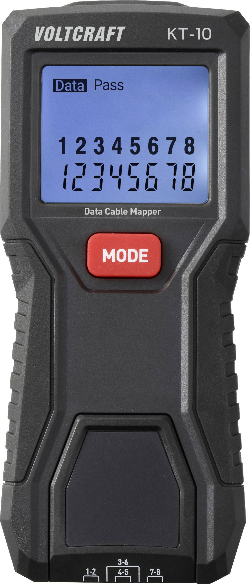 Testeur de câbles 'Voltcraft KT-10' avec affichage numérique montrant les résultats du test 'Pass' et des connexions numérotées de 1 à 8.