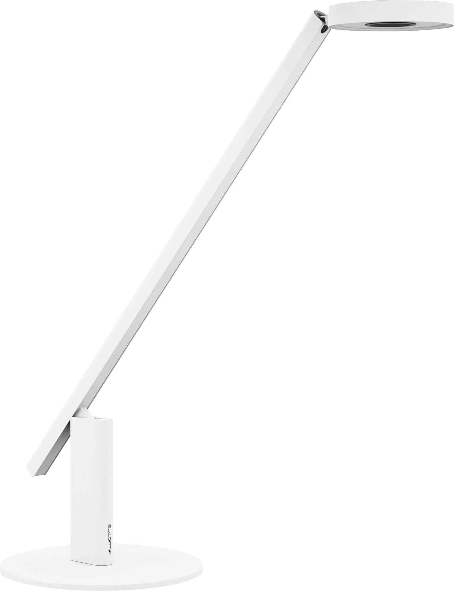 Une lampe de bureau blanche épurée et moderne, dotée d'un bras ajustable et d'une tête circulaire à LED, reposant sur un socle rond.