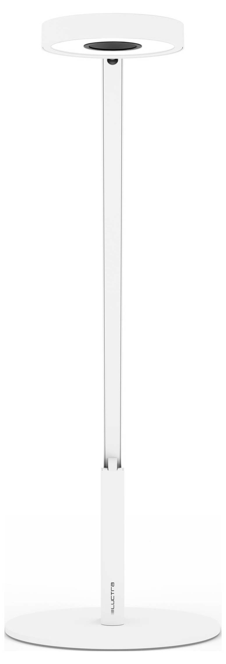 Un lampadaire blanc élégant et moderne, doté d'un anneau lumineux LED circulaire et un design épuré et minimaliste.