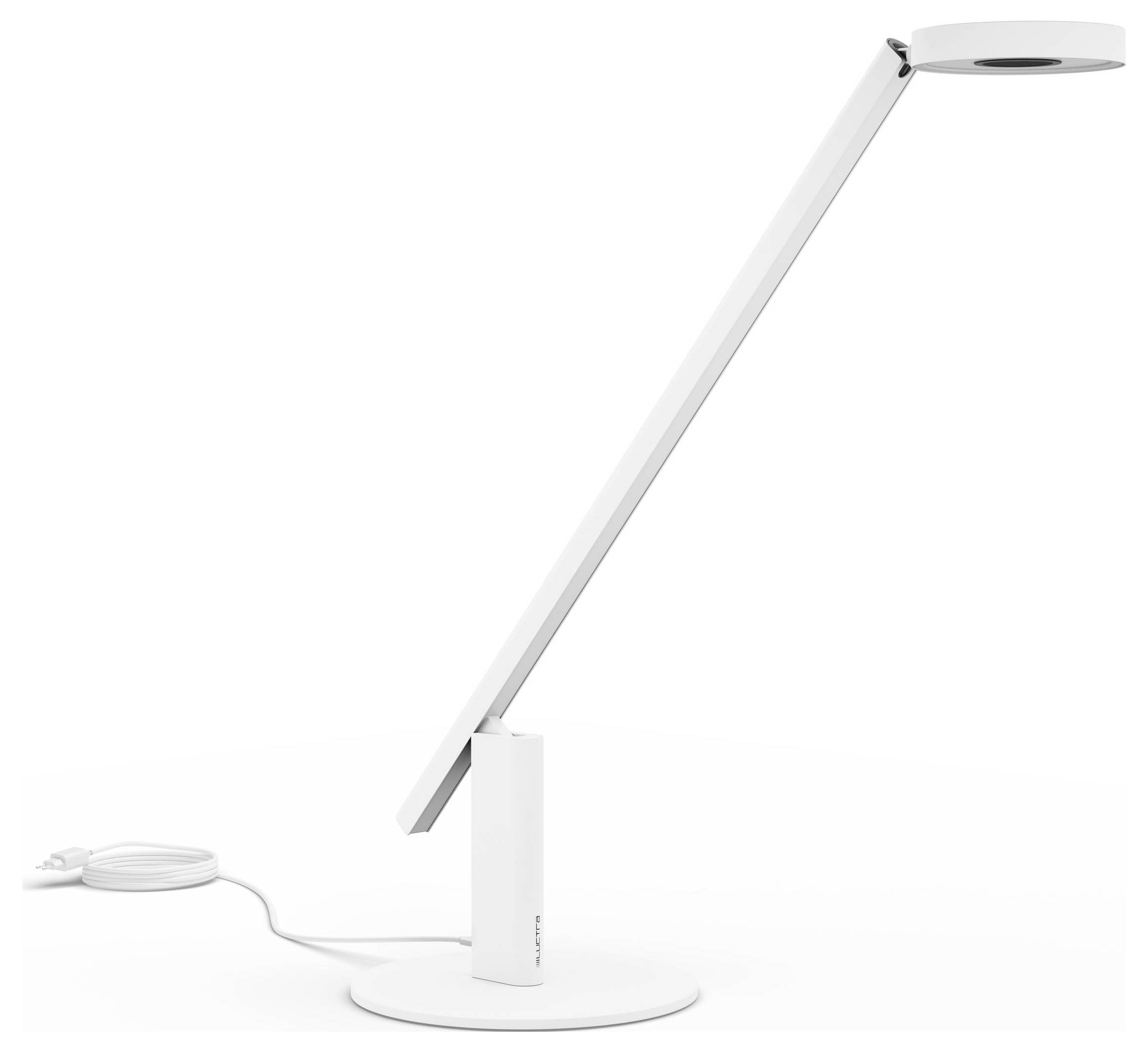 Une lampe de bureau blanche élégante et moderne, dotée d'un bras long et articulé et d'une tête circulaire, équipée d'un cordon d'alimentation et d'un interrupteur marche/arrêt à la base.