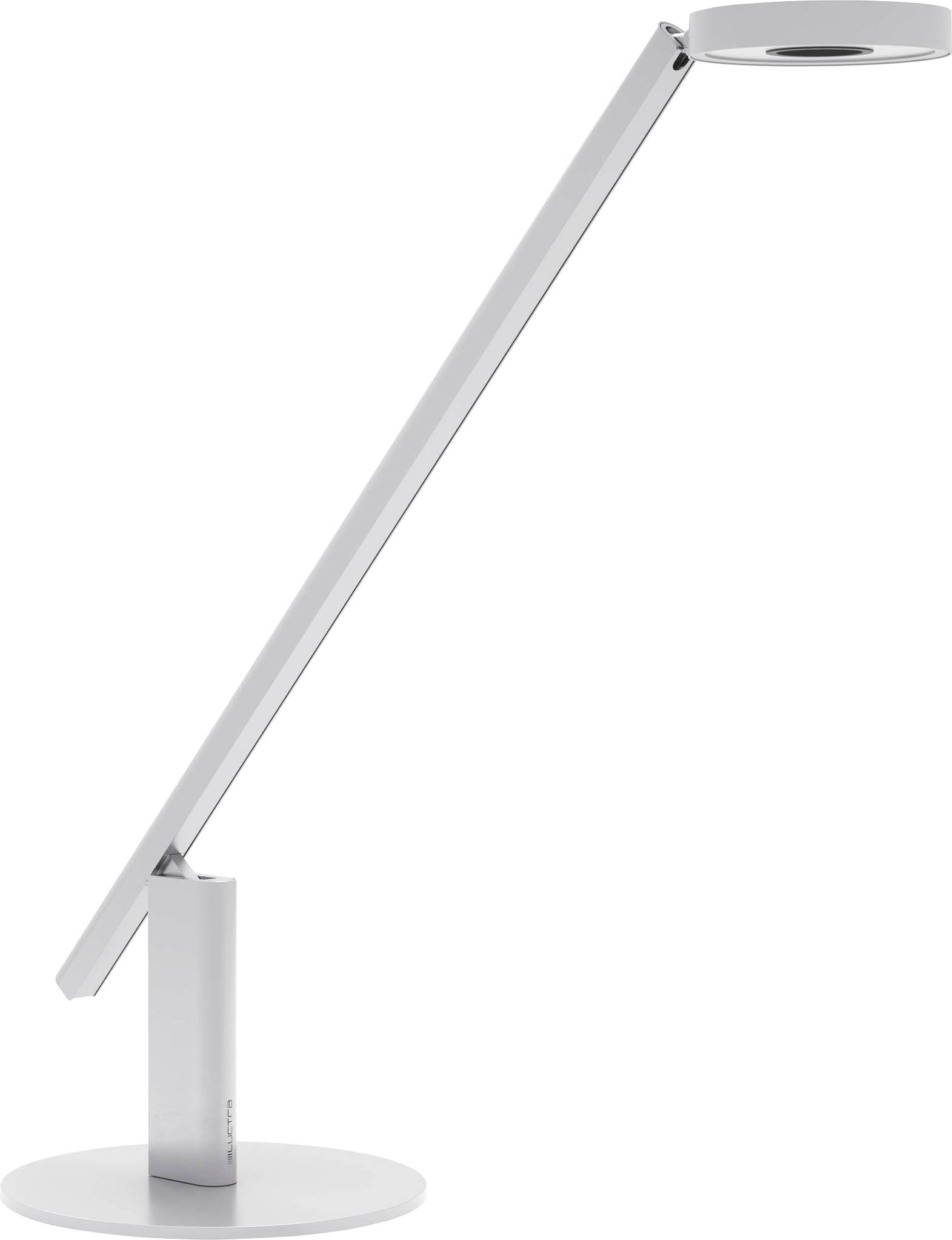 Une lampe de bureau LED élégante et moderne, avec un bras fin et incliné et une base ronde en argent métallisé ; conçue pour des espaces de travail minimalistes.