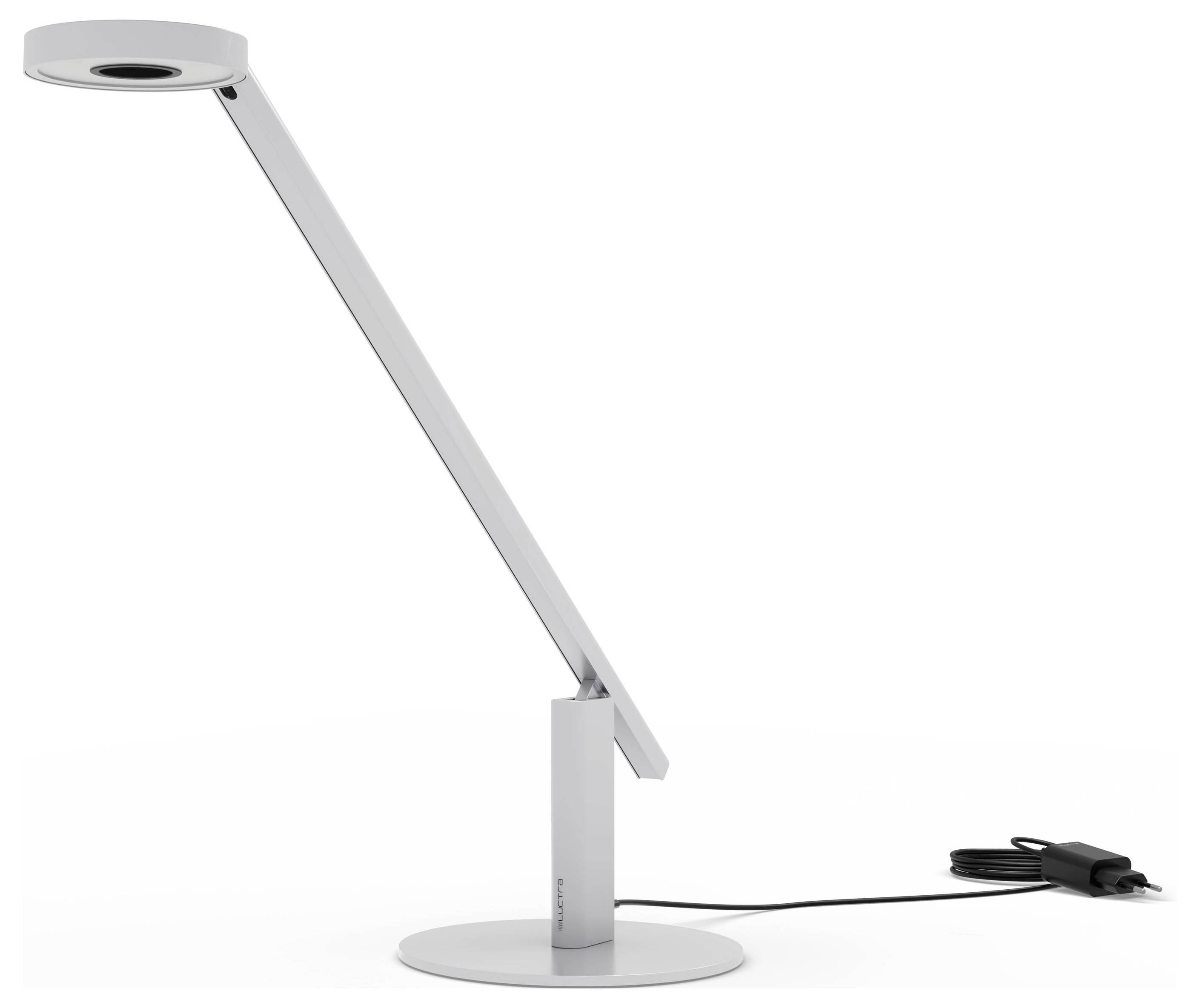 Une lampe de bureau moderne et élégante, dotée d'un bras articulé et d'une tête circulaire à LED, reposant sur un socle rond, avec un cordon d'alimentation qui la suit.