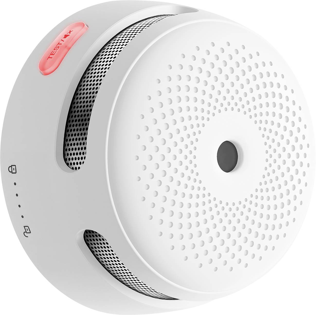Un détecteur de fumée blanc avec un bouton rouge 'TEST/HUSH' et des évents noirs, conçu pour détecter la fumée et fournir une alerte précoce en cas d'incendie.