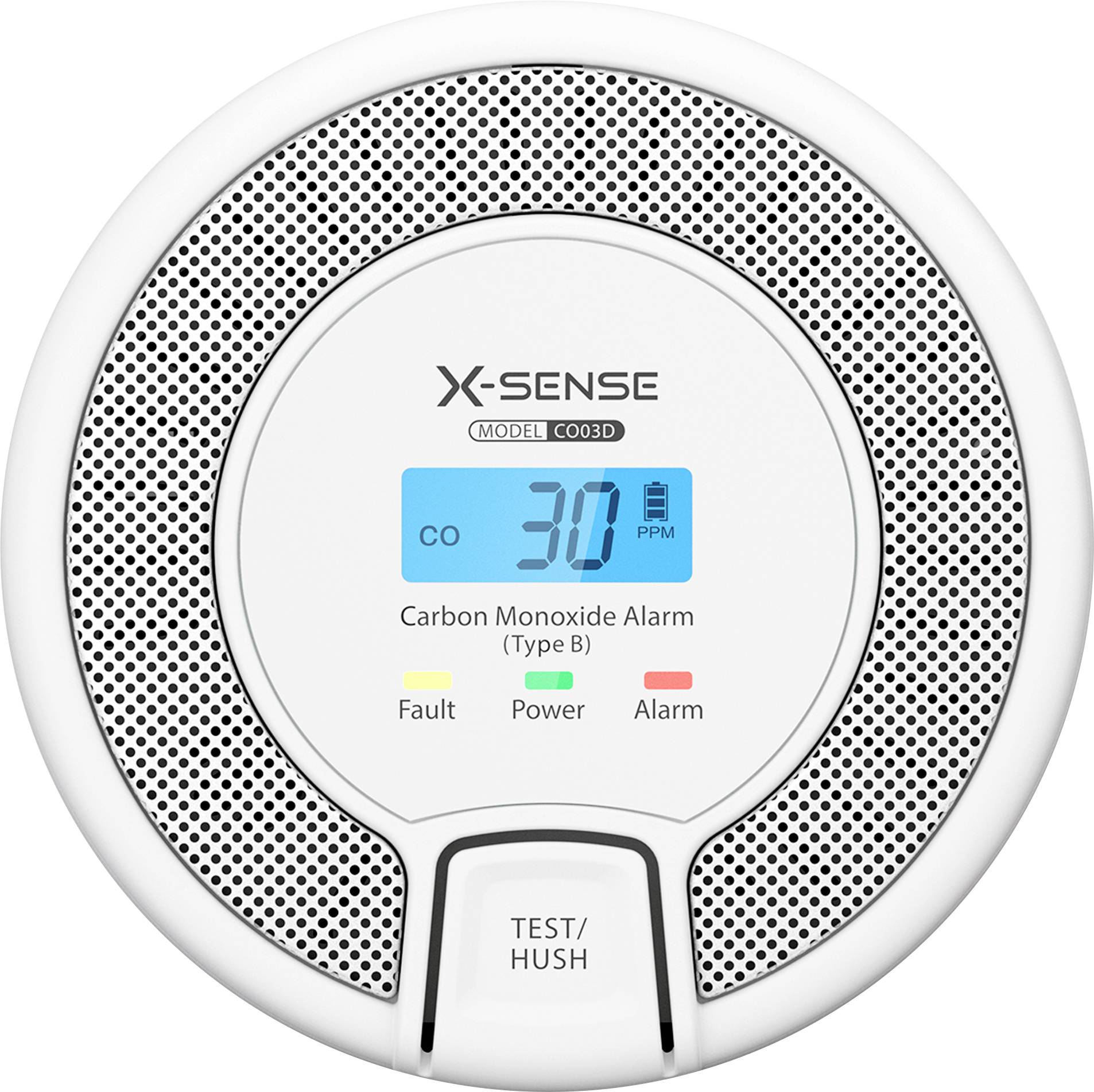 Détecteur de monoxyde de carbone affichant « 30 ppm » sur un écran, avec des voyants pour défaut, alimentation et alarme. Bouton de test en dessous.