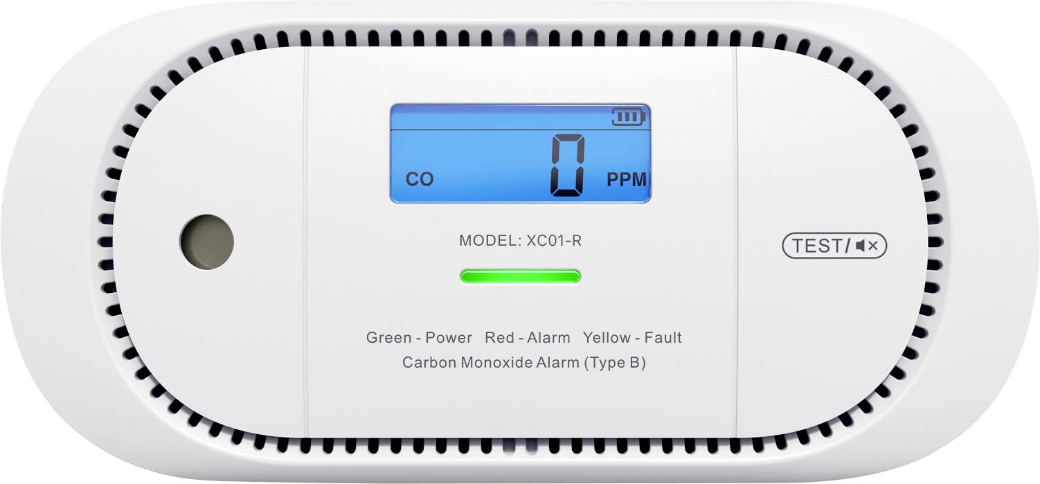 Détecteur de monoxyde de carbone affichant « 0 PPM » avec un bouton de test et le modèle XC01-R. Le voyant vert indique la mise sous tension ; détecte les niveaux de CO.