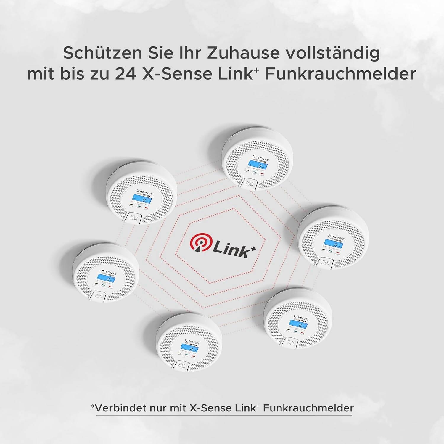 Six détecteurs de fumée connectés en formation hexagonale. Texte : 'Protégez votre maison avec jusqu'à 24 détecteurs de fumée sans fil X-Sense Link'.