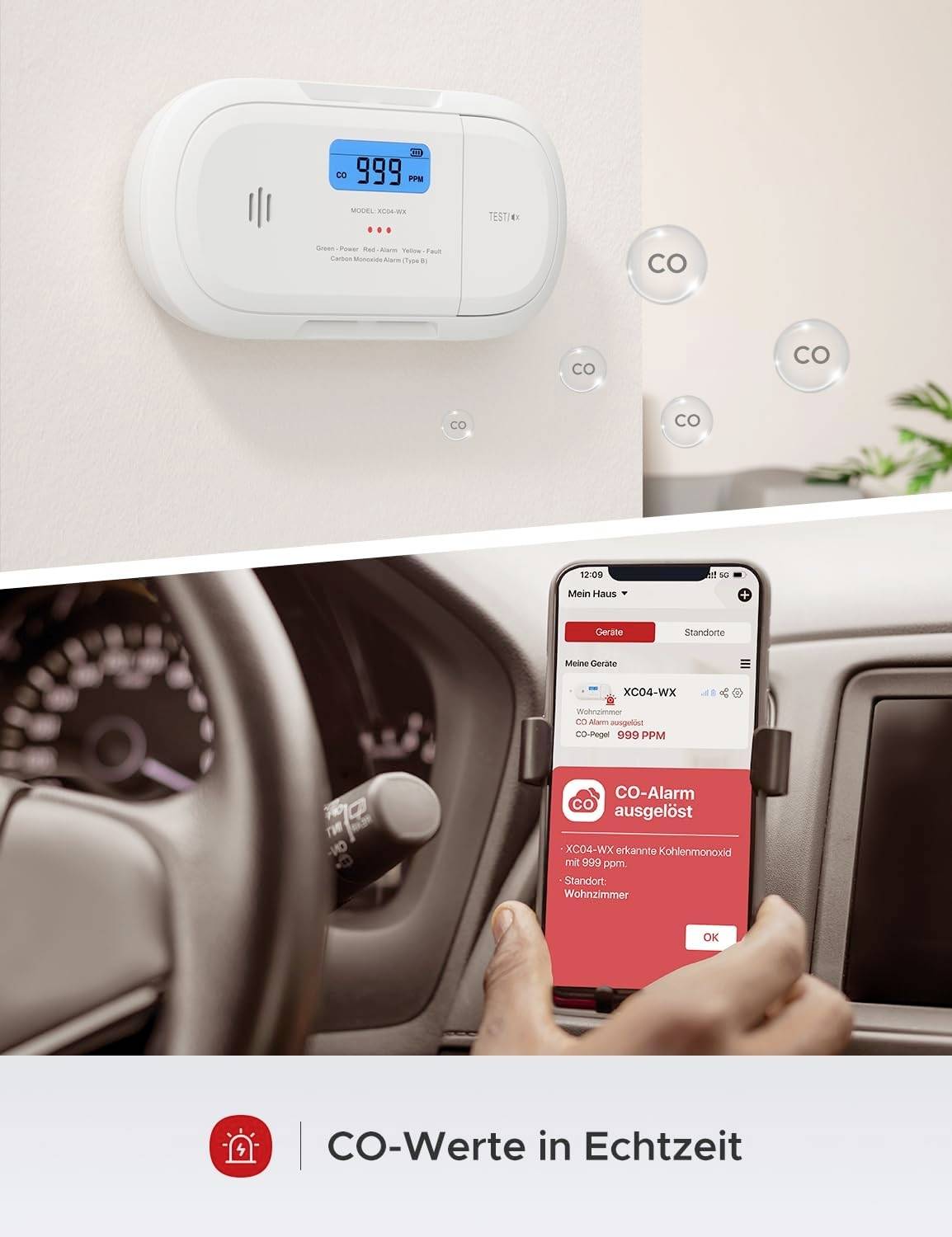 Installation flexible : détecteur de monoxyde de carbone sur une étagère de lit. Écran LCD facilement lisible : gros plan de l'écran avec des symboles d'alimentation et d'avertissement.