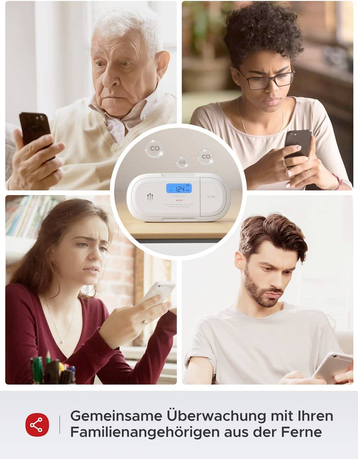 Une personne âgée et ses proches regardent chacun leurs smartphones. Au centre, un détecteur de fumée. Texte en bas : « Surveillance commune à distance avec vos membres de la famille ».