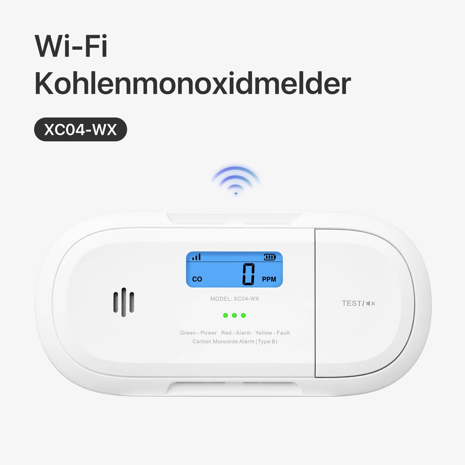 Un détecteur de monoxyde de carbone blanc avec un affichage numérique à zéro. En-tête : « Détecteur de monoxyde de carbone Wi-Fi ». Numéro de modèle : « XC04-WX ».