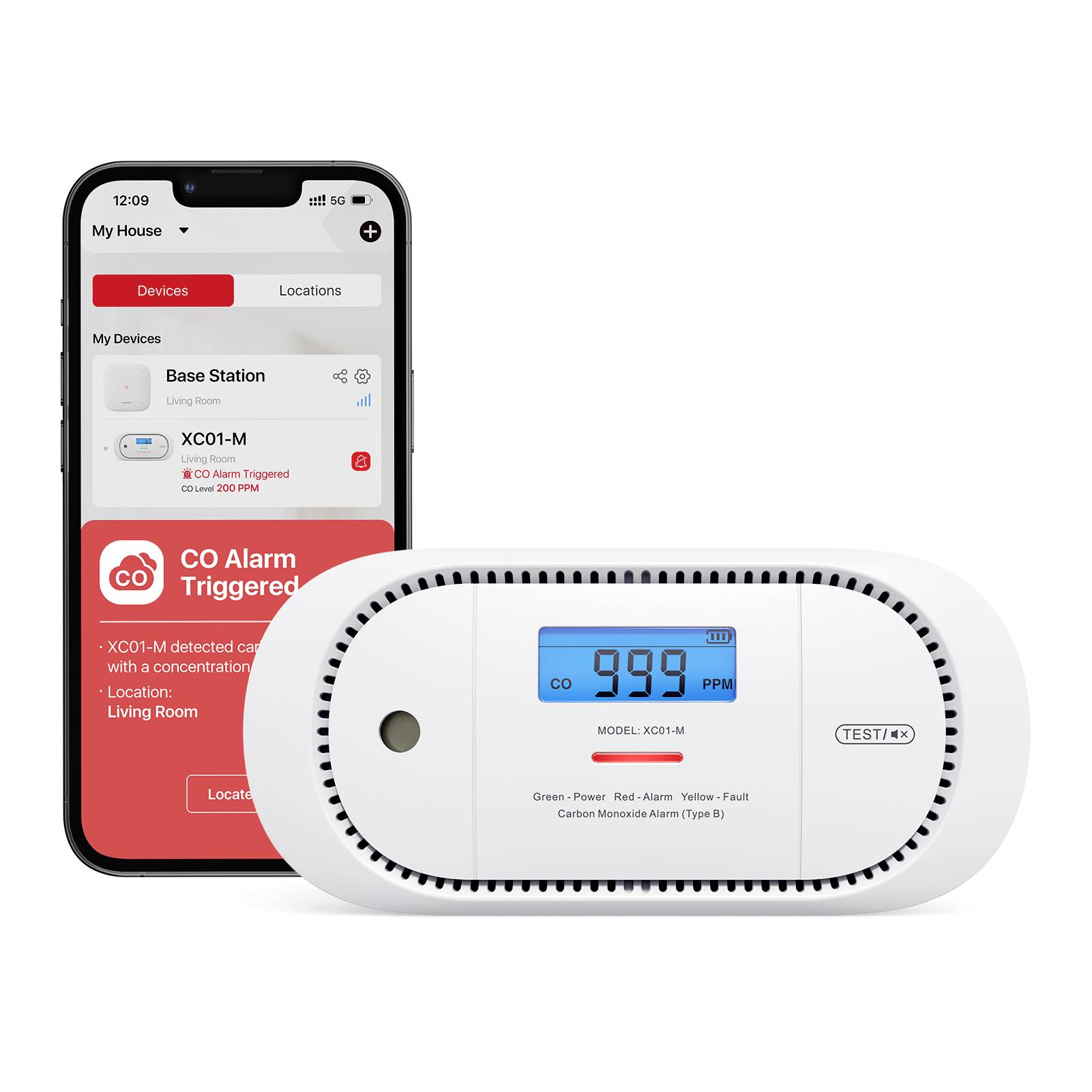 'X-Sense Link+ Pro XC01-M Détecteur de Monoxyde de Carbone', un appareil de détection du monoxyde de carbone, connecté à la station de base SB500 pour les réseaux domestiques. L'écran affiche la valeur de CO, application smartphone intégrée.