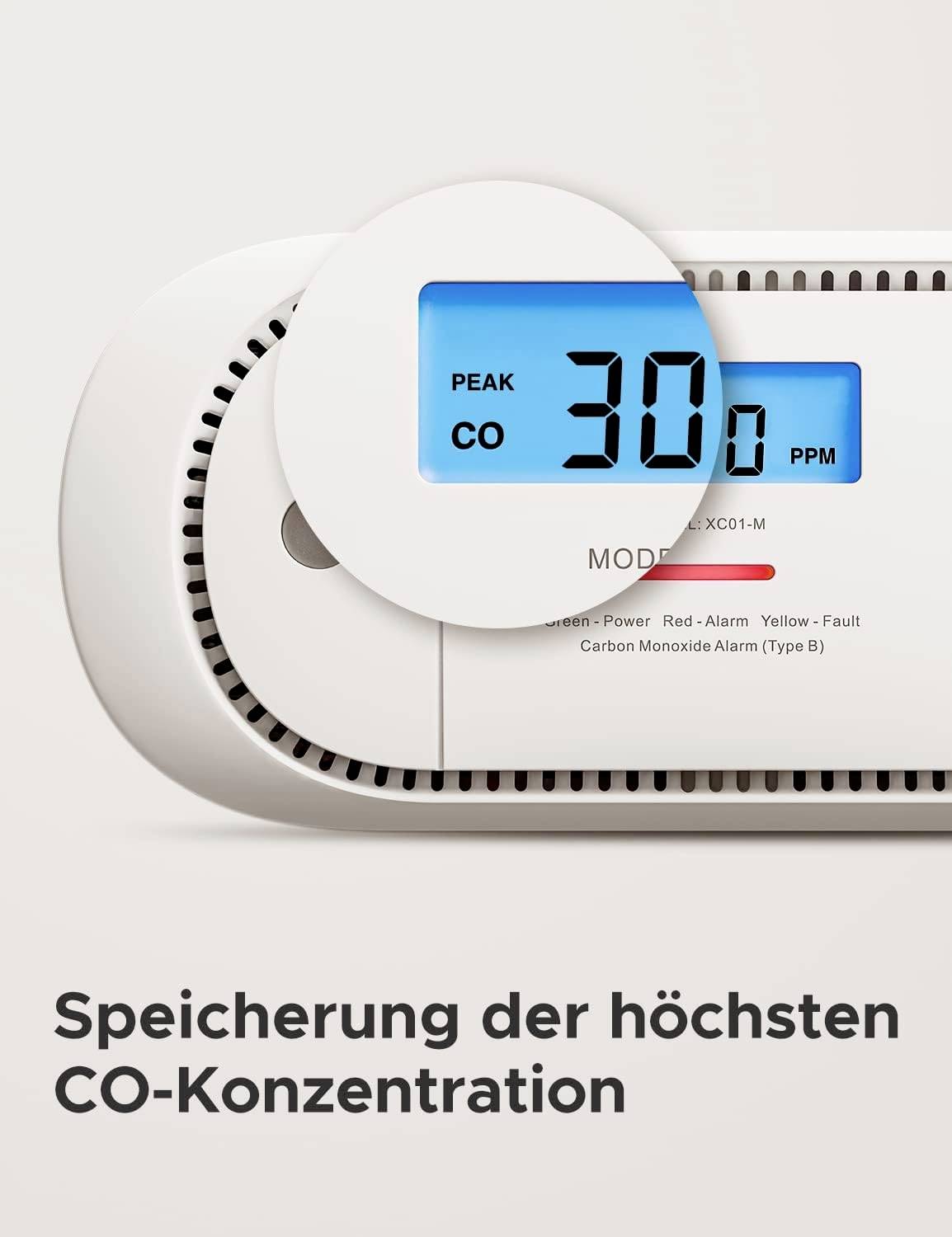 Un détecteur de monoxyde de carbone affiche 'Peak CO 30 PPM' sur l'écran, indiquant la concentration maximale de CO enregistrée.