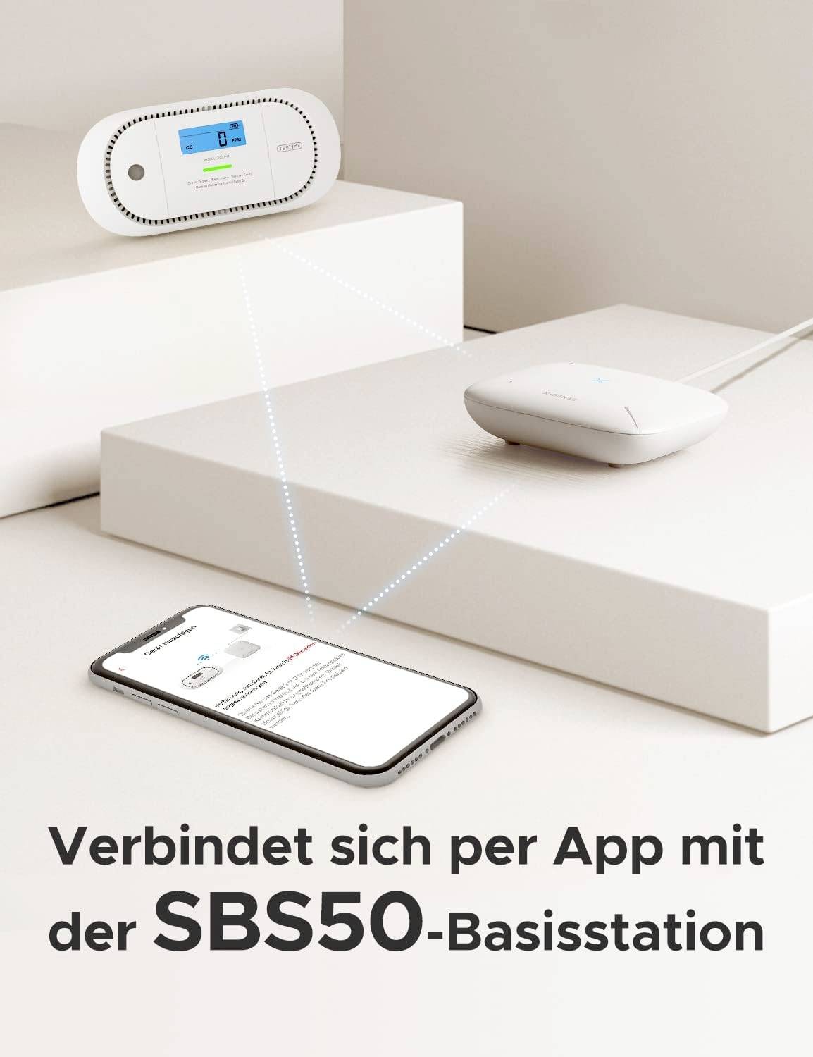 Un appareil médical sans fil se connecte à la station de base SBS50 via une application. Un smartphone affiche l'application de connexion.