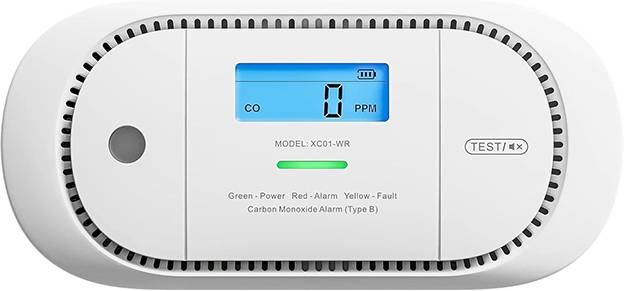 Détecteur de monoxyde de carbone avec affichage numérique indiquant « 0 PPM ». Boutons pour « Test/Réinitialisation » et indicateurs d'alimentation, d'alarme et de défauts sont visibles.