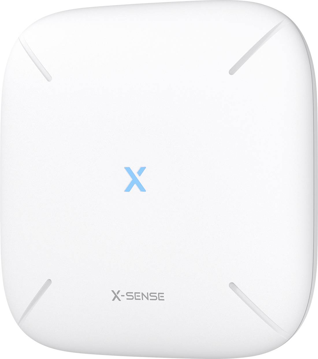 Détecteur de fumée blanc carré ou de monoxyde de carbone portant l'étiquette « X-Sense » avec un logo bleu en forme de « X » au centre.