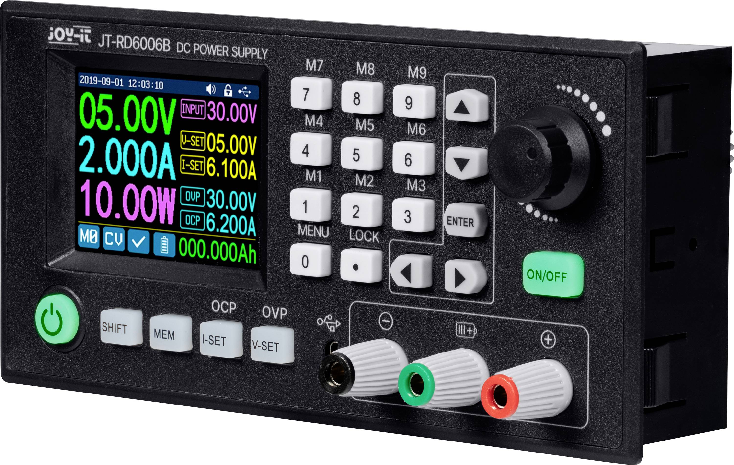 Panneau de commande de l'alimentation électrique JT-RD6006B DC, affichant '5,00V' et '2,000A'. Comprend un écran LCD, un clavier et les commandes principales.