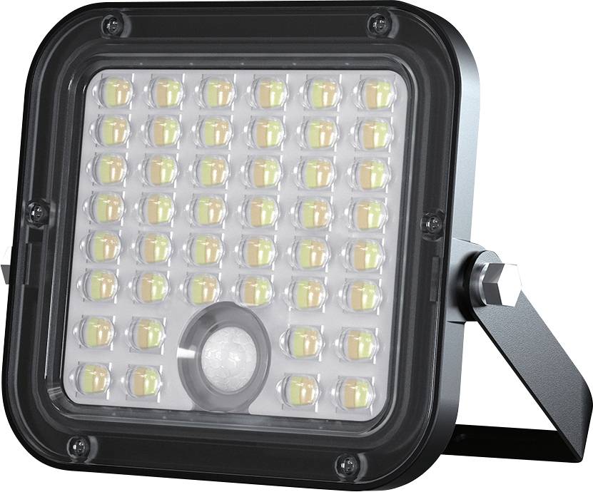 Un projecteur LED carré équipé de 42 lampes lumineuses, monté sur un support réglable, adapté à une utilisation extérieure.