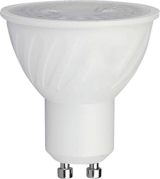 Une ampoule LED blanche à base GU10, présentée de profil, conçue pour une utilisation énergétique efficace dans l'éclairage résidentiel et commercial.