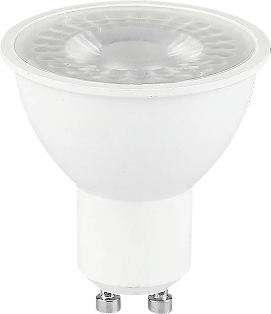 Une ampoule LED avec base GU10, conçue pour une installation facile dans les luminaires encastrés ou sur rail, présentant un design blanc et économe en énergie.