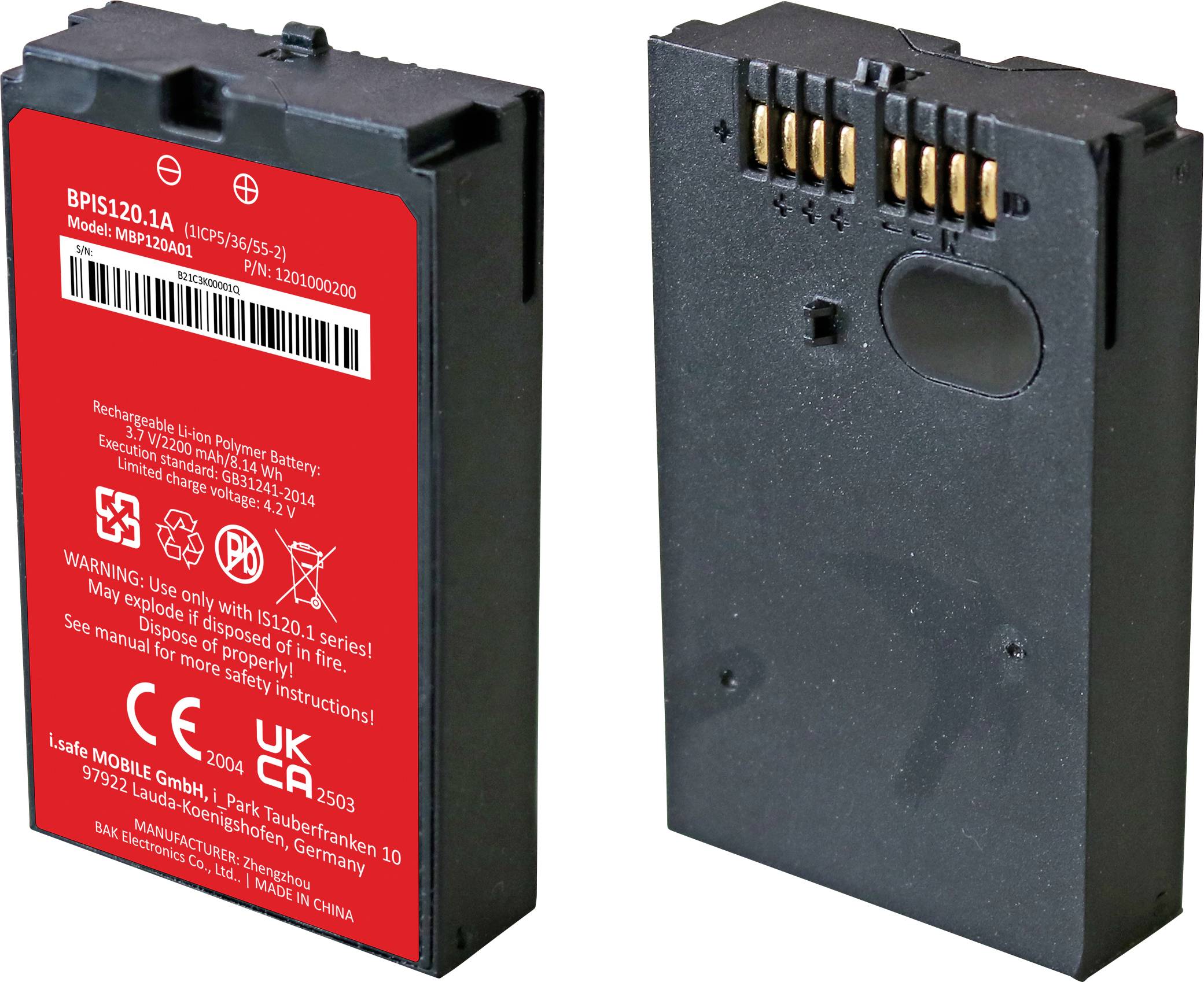 Deux batteries rechargeables lithium-ion noires, vues de face et de dos, affichant une étiquette rouge avec des spécifications et des avertissements de sécurité.