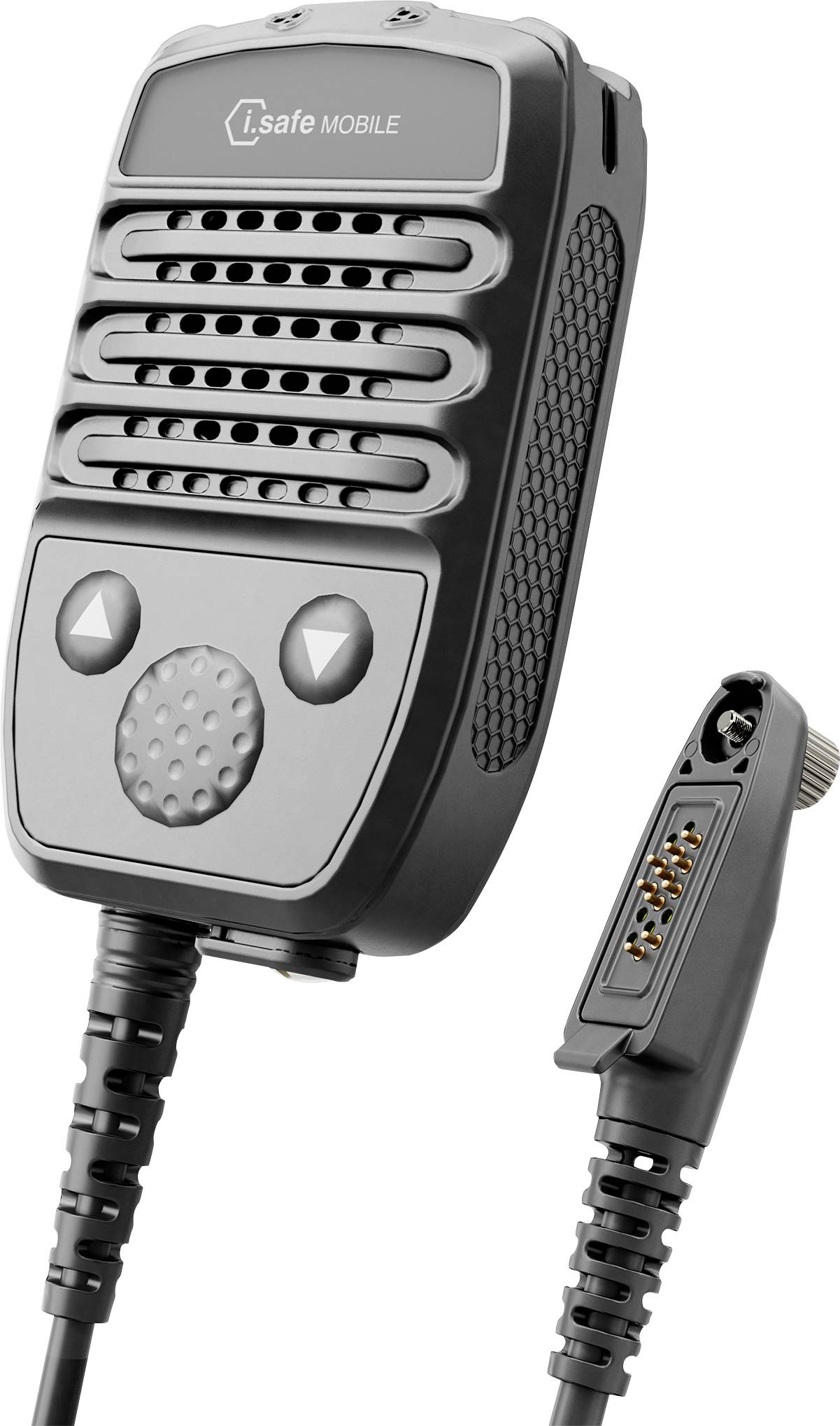 Un dispositif de microphone portable avec une grille de haut-parleur, deux boutons et un cordon muni d'un connecteur spécialisé, étiqueté « i.safe Mobile ».