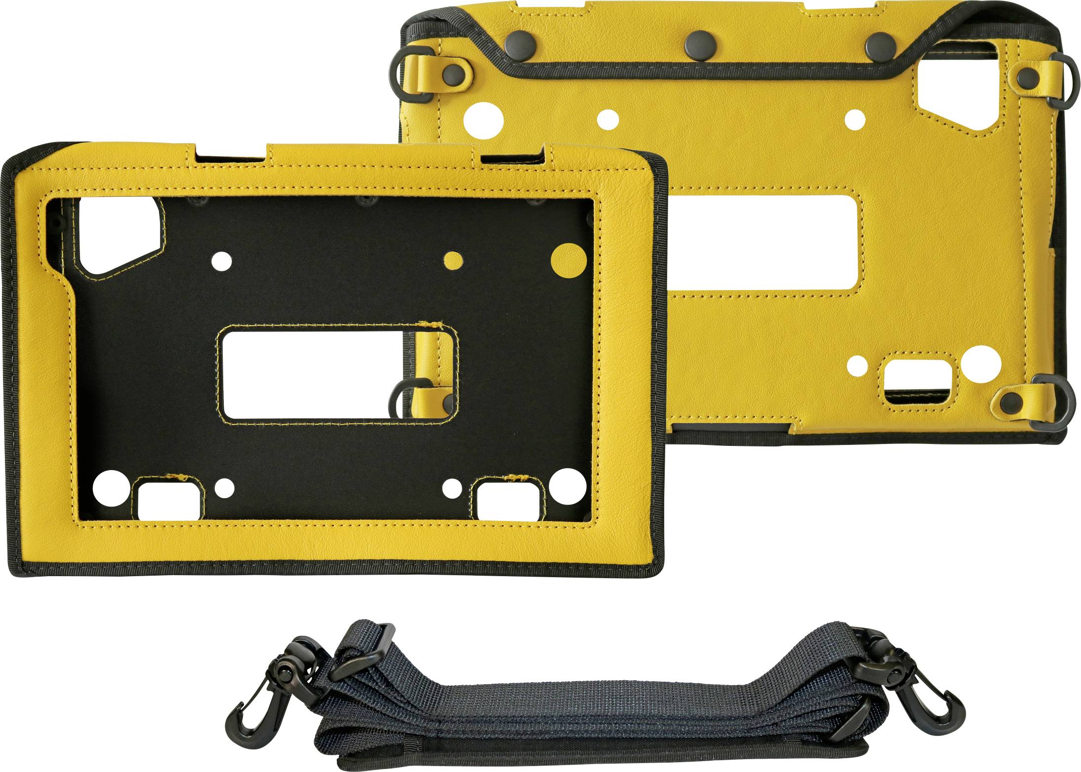 Étuis de protection jaunes et noirs pour tablettes avec plusieurs découpes, et une bandoulière ajustable noire en dessous, conçus pour un transport facile.