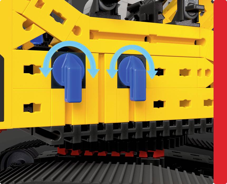 Vue détaillée d'une construction LEGO montrant deux leviers bleus sur une surface jaune avec des flèches indiquant un mouvement vers le bas pour le fonctionnement.