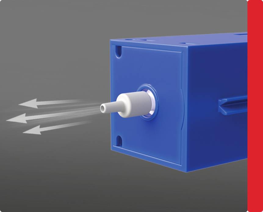 Blaues mechanisches Gerät mit einer zylindrischen Ausgangswelle auf grauem Hintergrund, das drei weiße Pfeile von der Welle aussendet und Bewegung oder Richtung anzeigt.