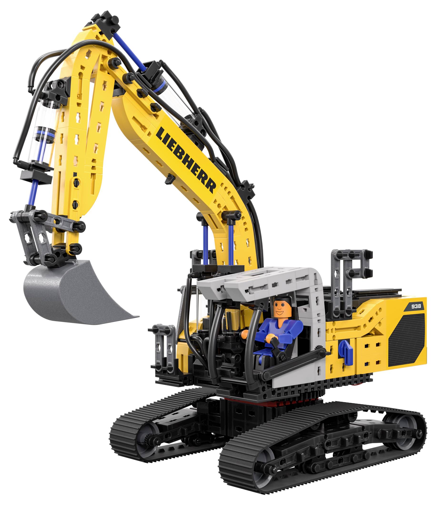 Un excavateur jouet jaune et noir avec un bras mobile et un godet, comportant une figurine miniature dans le siège du conducteur.