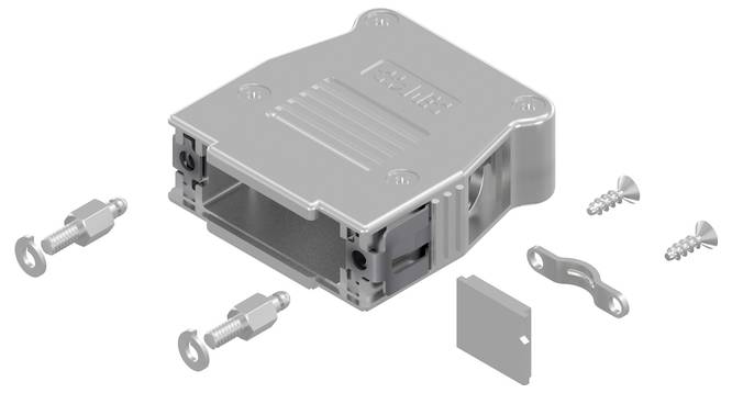 Un boîtier de connecteur métallique rectangulaire avec vis et supports pour l'assemblage, conçu pour enfermer et protéger les composants électriques.