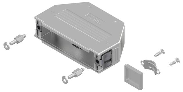 Un boîtier électronique métallique avec couvercle amovible, vis, loquets et support ; conçu pour la protection des câbles et un ajustement sécurisé.