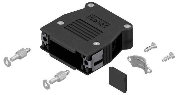 Un boîtier de connecteur en plastique noir avec des vis et des clips métalliques, conçu pour fixer ou assembler des composants électroniques.