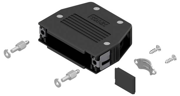 Un boîtier électronique modulaire noir avec plusieurs vis et connecteurs, conçu pour assembler et sécuriser les composants électroniques.