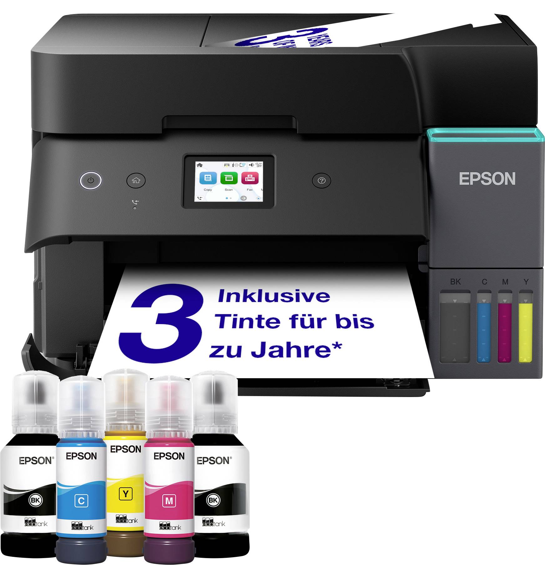 Une imprimante Epson noire avec un écran affiche une feuille étiquetée « 3 Inklusive Tinte für bis zu Jahre* ». Quatre bouteilles d'encre sont présentées en dessous.