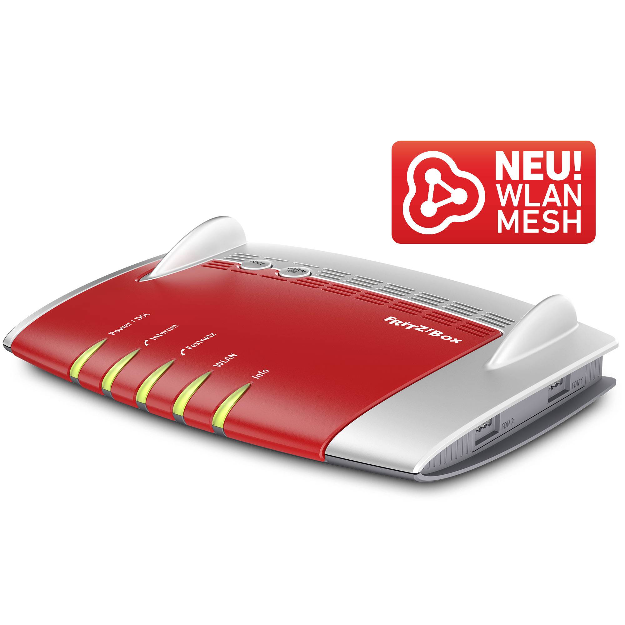 Un routeur rouge et argenté avec des voyants lumineux sur la façade. Une étiquette indique 'NEU! WLAN MESH'. Le nom de la marque se trouve sur le dessus.