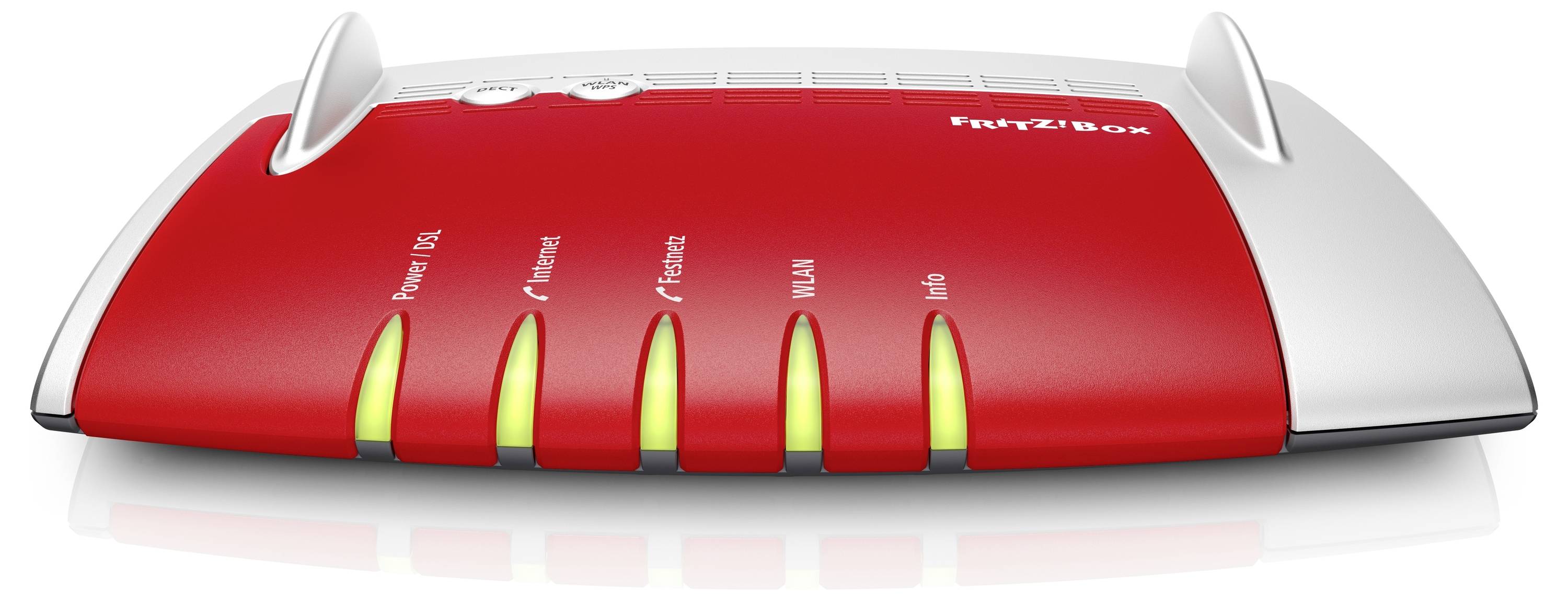 A red and white router with labeled indicators: 'Power/DSL', 'Internet', 'Fon/DECT', 'WLAN', and 'Info' glowing green.