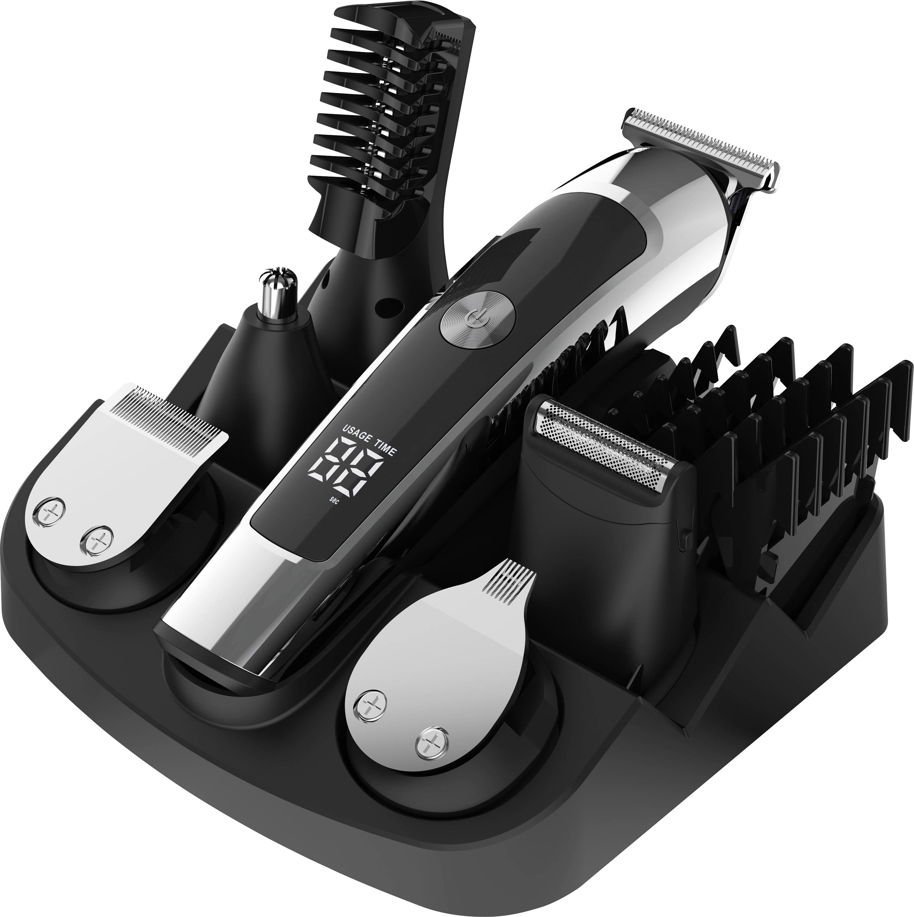 Kit de toilettage complet avec tondeuse électrique, quatre têtes interchangeables et base de charge sur un support noir.