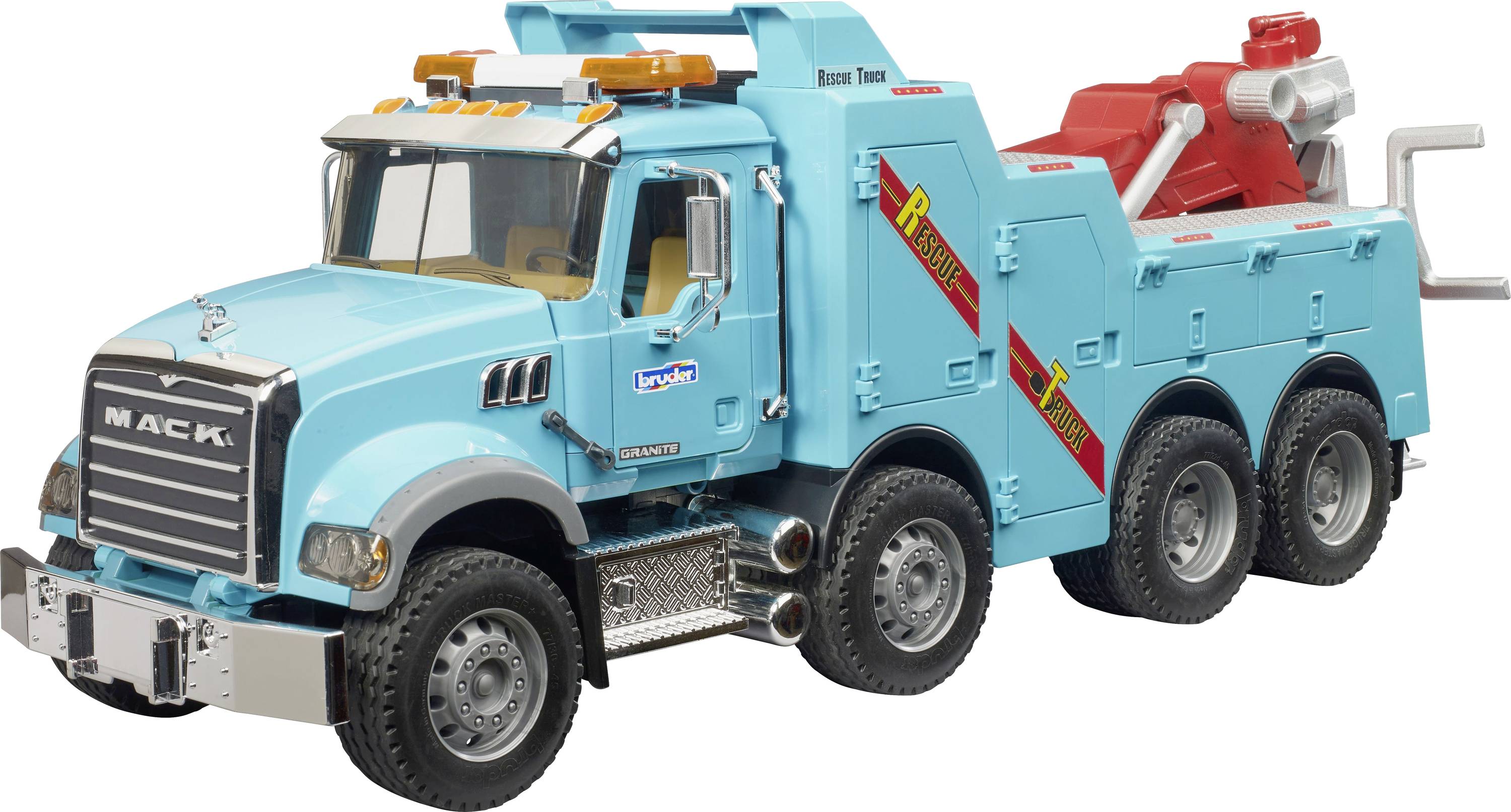 Un camion de dépannage miniature est représenté, avec un corps bleu vif et des détails rouges et jaunes. Il possède six roues et une grue rouge à l'arrière.