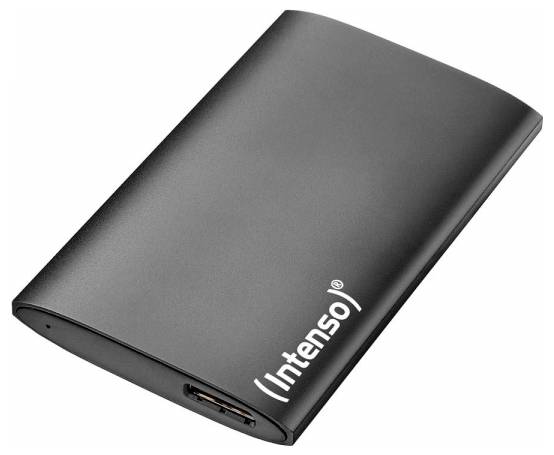 Un disque dur externe Intenso noir au design rectangulaire épuré. Le port USB est visible sur un côté de l'appareil.