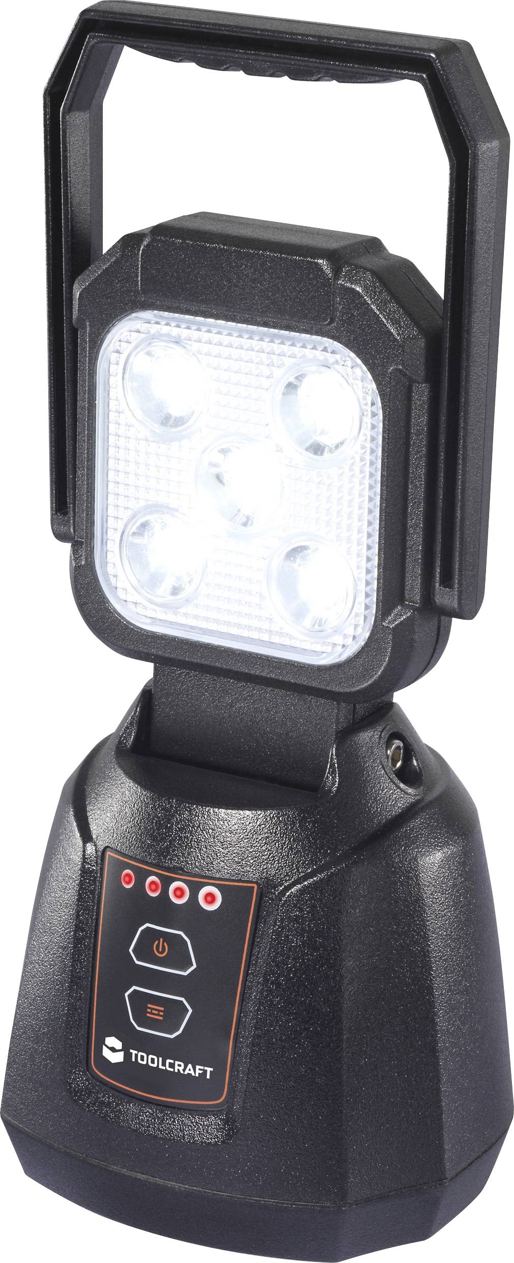 Une lampe de travail LED portable avec un support réglable et une poignée, équipée de cinq LED lumineuses et de boutons de commande sur le panneau avant.