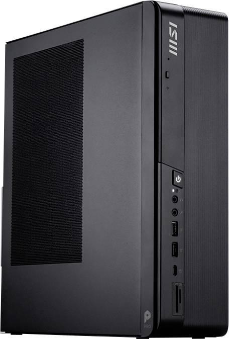 Une tour d'ordinateur de bureau noir élégante avec des ports USB, un bouton d'alimentation et une grille de ventilation sur le côté, présentant un design minimaliste.